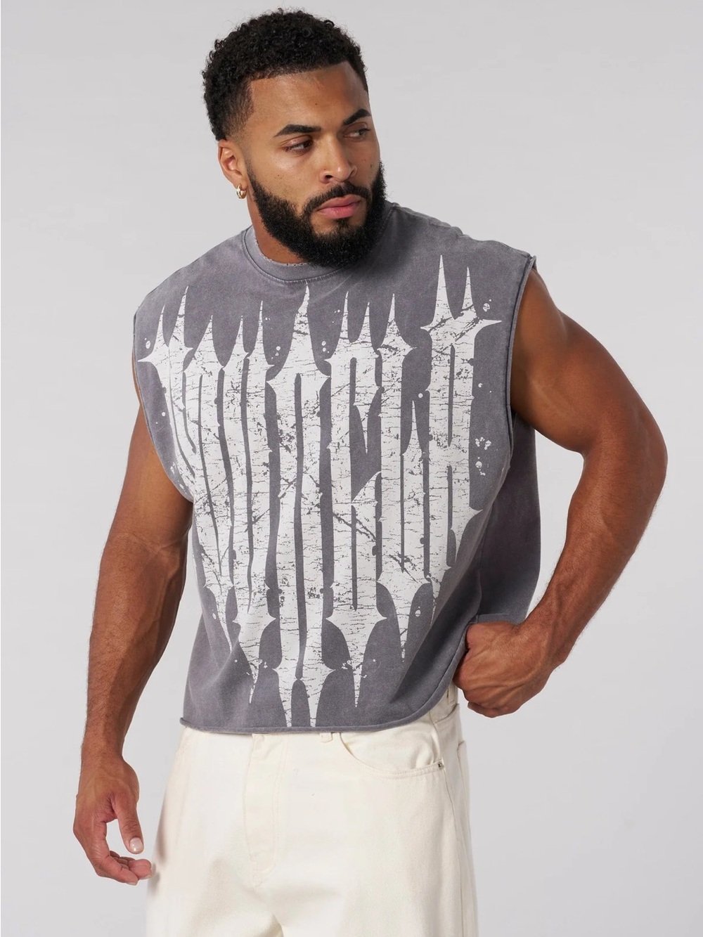 NEW Mens YoungLA 3021 Revenge Crop Cut-Offs Sleeveless Tee - Grey Wash Size L